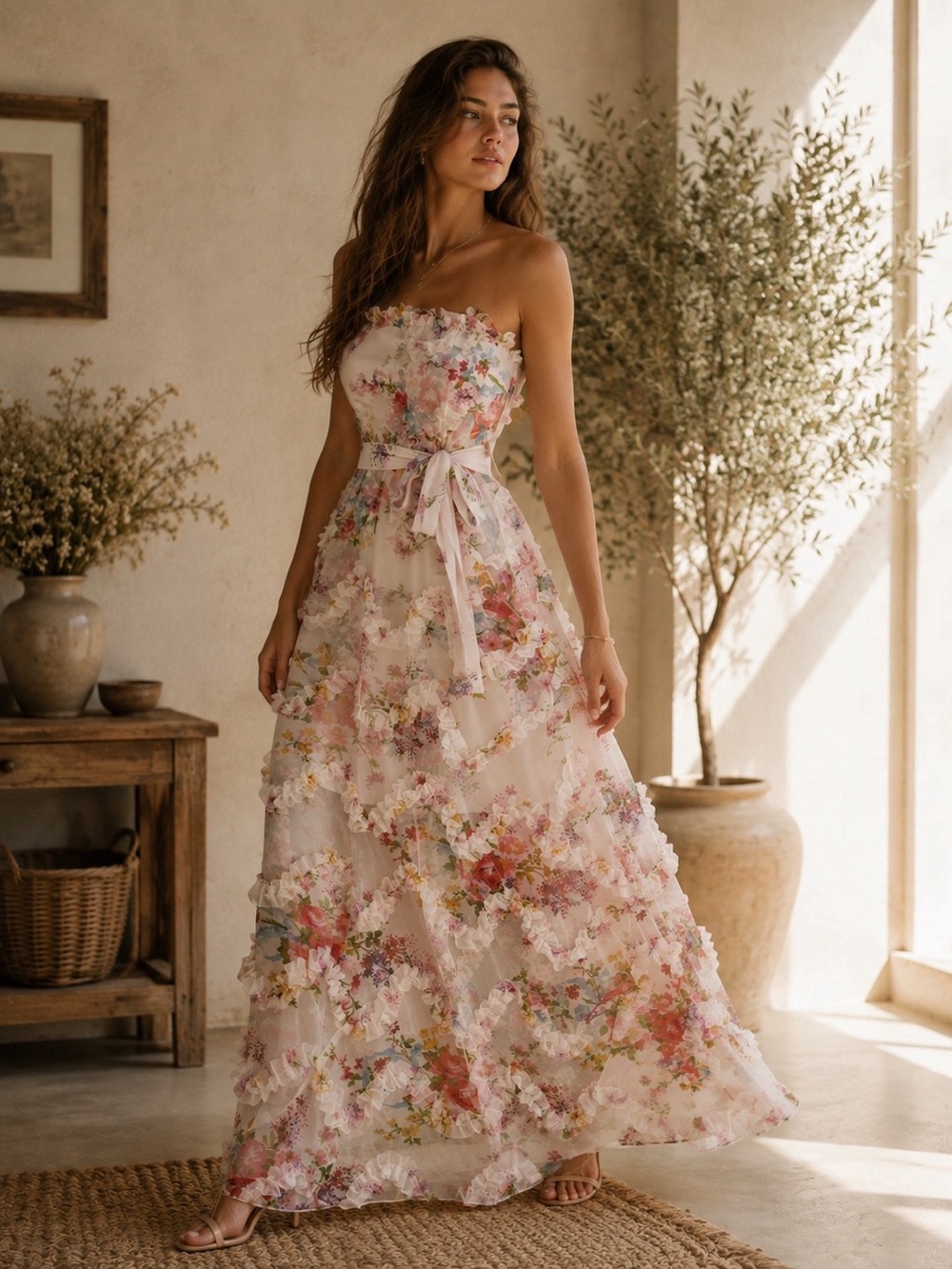Floral Strapless Dress Chiffon Large